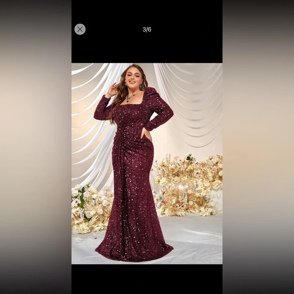 Giffniseti Plus Square Neck Puff Sleeve Sequin formal dress color Maroon - Picture 2 of 4